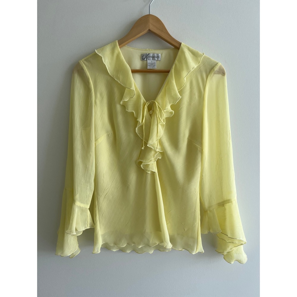 Dressbarn S Butter Yellow Chiffon Ruffle Blouse Bell Sleeve Y2K 90s Coquette Top